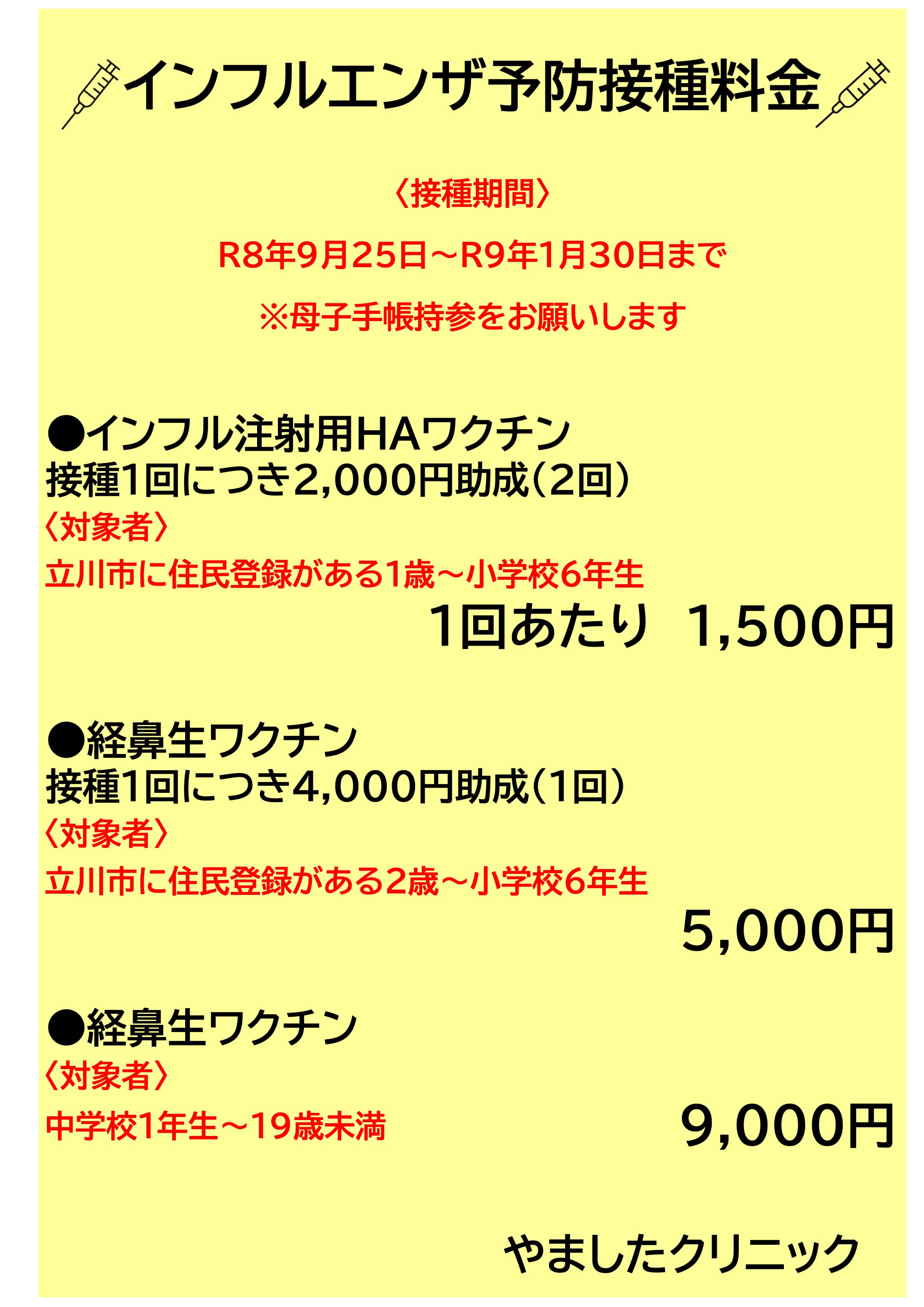インフルエンザ予防接種料金(子供)